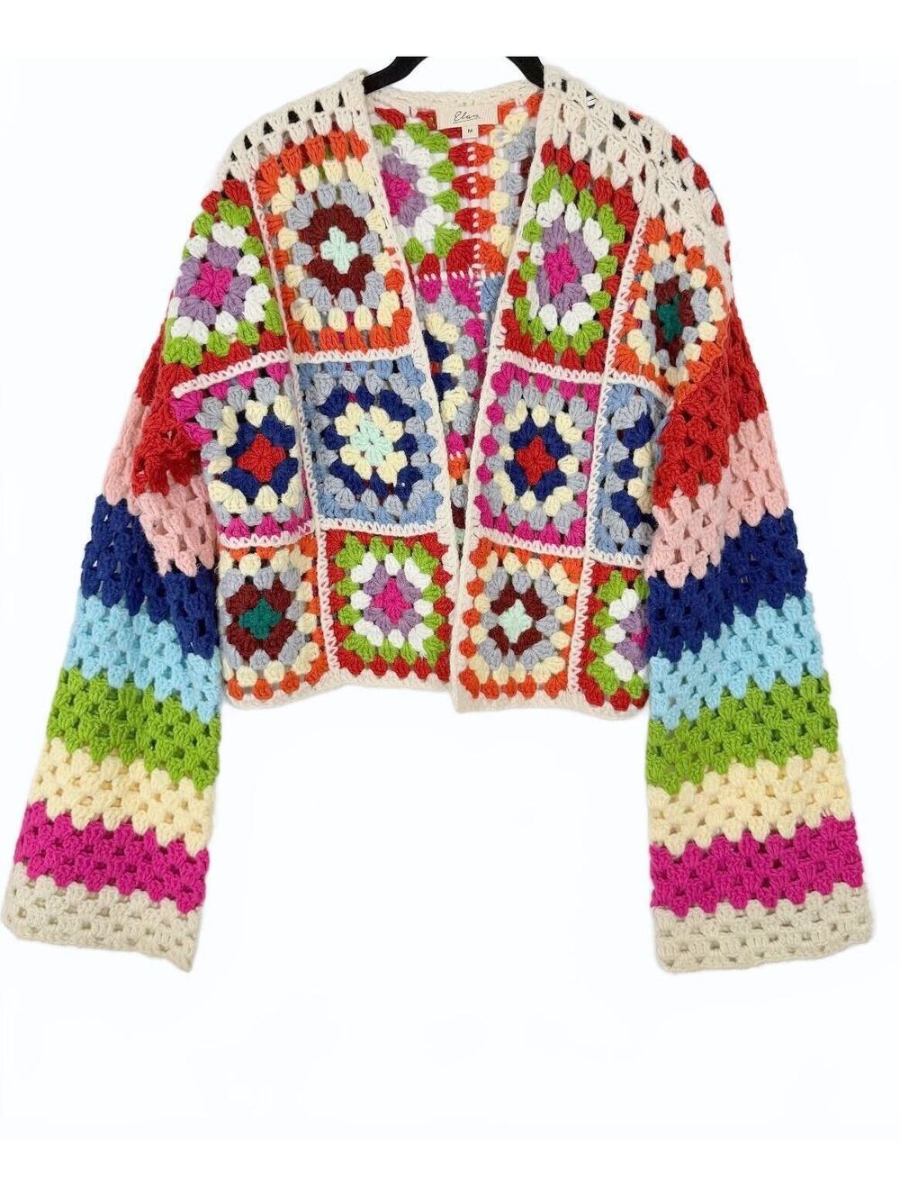 Elan Multicolor Crochet Granny Square Cardigan Open Front Boho Medium M